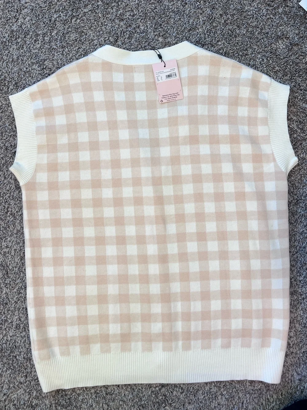 Sweater Vest Check Knit Cardigan Vest - Cream & Beige NWT Missguided Size 8/M - Picture 3 of 3